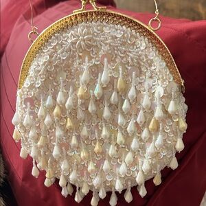 Elegant Beaded White and Gold Handbag